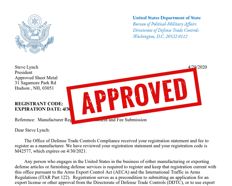 Approved Sheet Metal Receives ITAR Certification Approved Sheet Metal